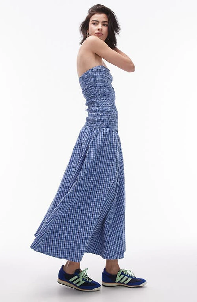 Topshop Plaid Smocked Strapless Cotton Maxi Dress Medium Blue at