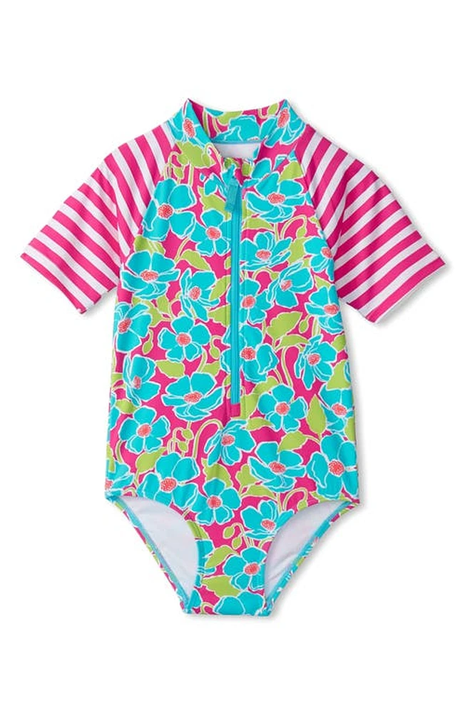 Hatley Kids' Floating Poppies Short Sleeve One-Piece Rashguard Swimsuit Blue/Pink Multi at Nordstrom,