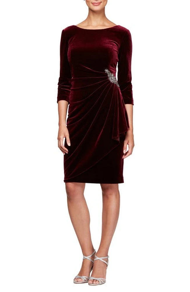 Alex Evenings Side Ruched Stretch Velvet Cocktail Dress Wine at Nordstrom,