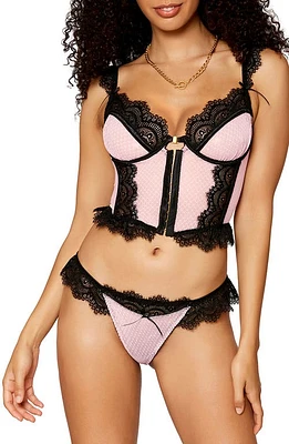 Dreamgirl Lace Trim Underwire Bustier & G-String Black/pink at Nordstrom,