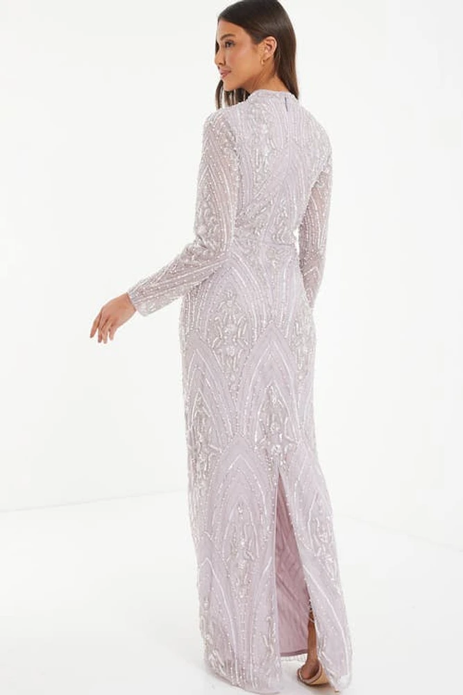 QUIZ Embellished High Neck Evening Dress Lilac at Nordstrom,