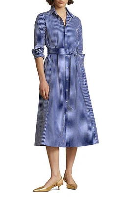 Polo Ralph Lauren Ashton Long Sleeve Tie Waist Shirtdress Bright Navy/White at Nordstrom,