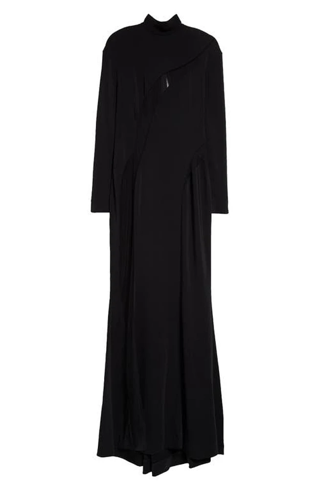 MUGLER Asymmetric Illusion Inset Long Sleeve Stretch Crepe Gown in Black/Black at Nordstrom, Size 10 Us