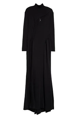 MUGLER Asymmetric Illusion Inset Long Sleeve Stretch Crepe Gown in Black/Black at Nordstrom, Size 10 Us