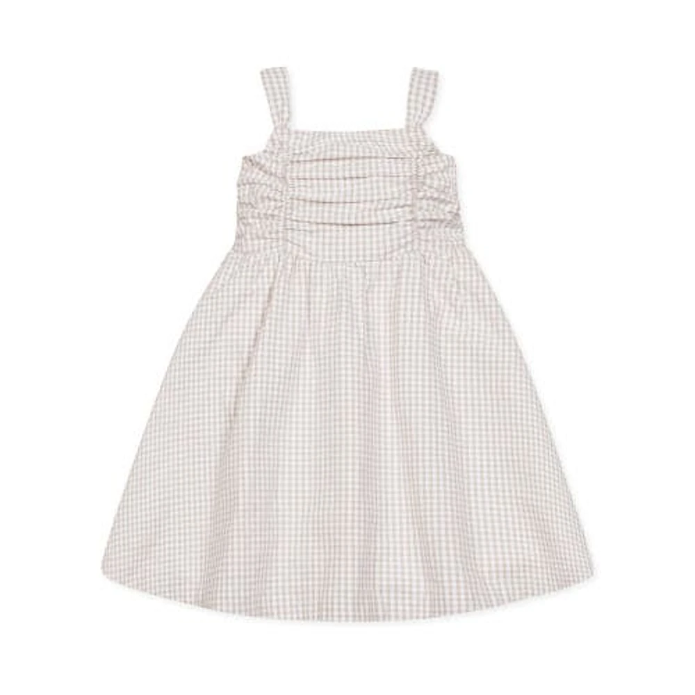 Hope & Henry Girls' Sleeveless Ruched Bodice Party Dress, Infant in Taupe Gingham Seersucker at Nordstrom