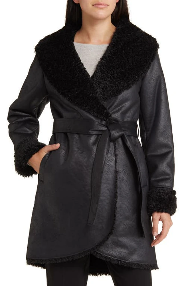 Via Spiga Belted Faux Shearling Coat Black at Nordstrom,