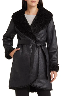 Via Spiga Belted Faux Shearling Coat Black at Nordstrom,