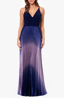 Betsy & Adam Ombré Pleated Sleeveless Gown Navy/Mauve at Nordstrom,