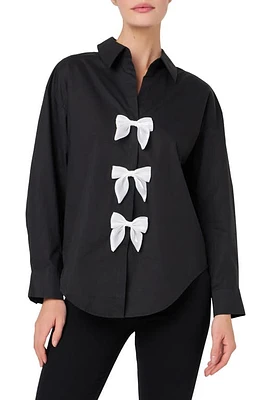 English Factory Bow Poplin Button-Up Shirt Black at Nordstrom,