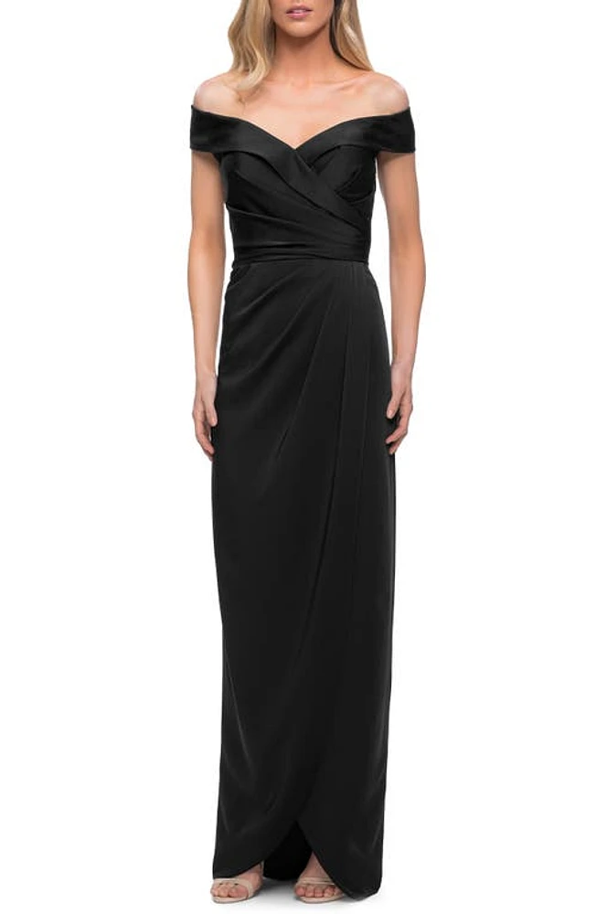 La Femme Surplice Off the Shoulder Column Gown Black at Nordstrom,