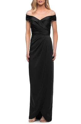 La Femme Surplice Off the Shoulder Column Gown Black at Nordstrom,