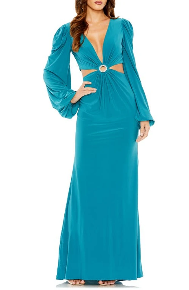 Ieena for Mac Duggal Cutout Long Sleeve Jersey Column Gown at Nordstrom,