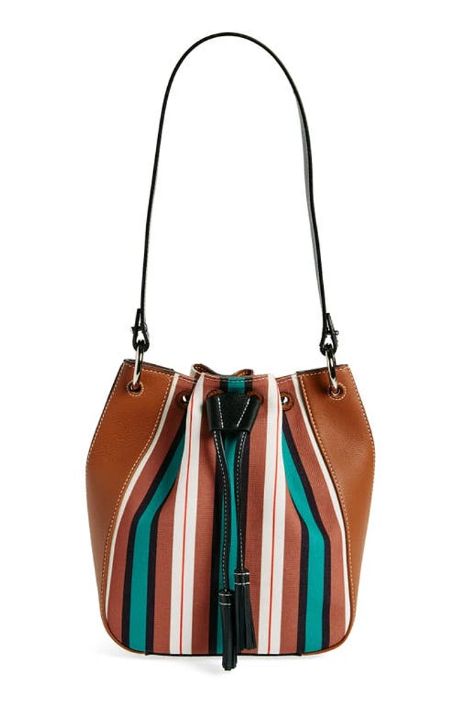 Strathberry x Collagerie Bolo Canvas & Leather Bucket Bag in Chestnut/Black/ Stripe at Nordstrom