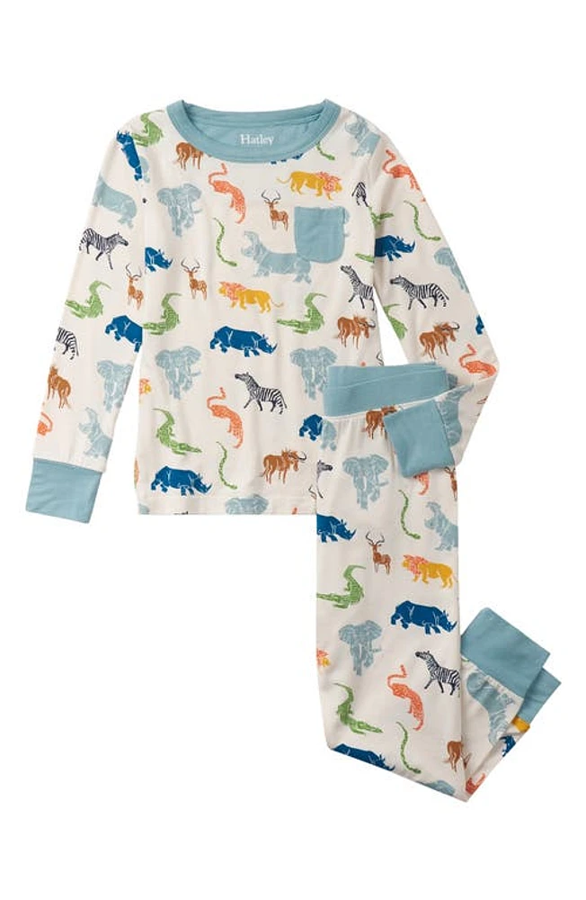 Hatley Kids' Wild Animal Print Fitted Two-Piece Pajamas Blue/Orange Multi at Nordstrom,