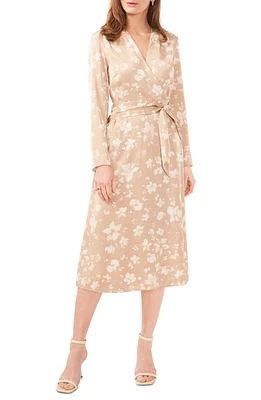 halogen(r) Floral Long Sleeve Satin Midi Dress Smoke Beige at Nordstrom,