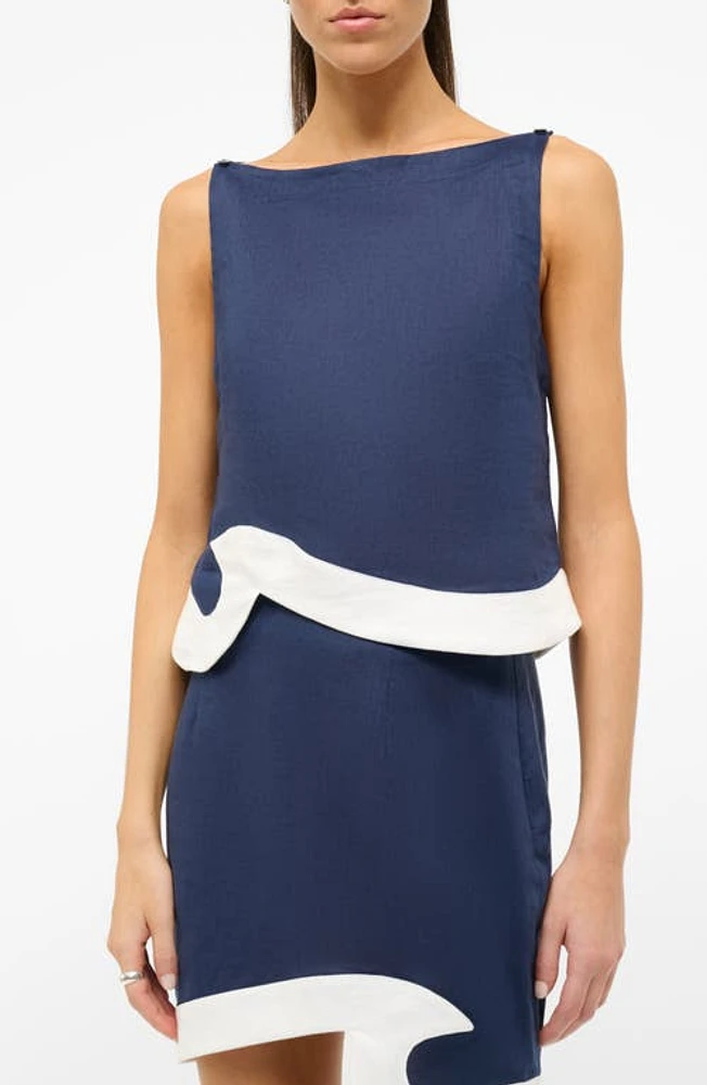 STAUD Raphael Sleeveless Linen Top Navy/White at Nordstrom,