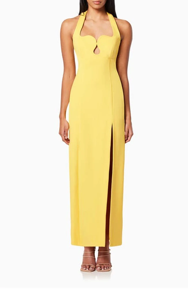 Elliatt Tuning Halter Neck Column Gown Yellow at Nordstrom,