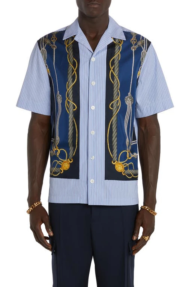 Versace Nautical Stripe Cotton Poplin & Silk Button-Up Shirt in Blue Gold at Nordstrom, Size 38 Us