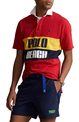 Polo Ralph Lauren Classic Fit Beach Logo Graphic Rugby Polo in Red Multi at Nordstrom, Size Small