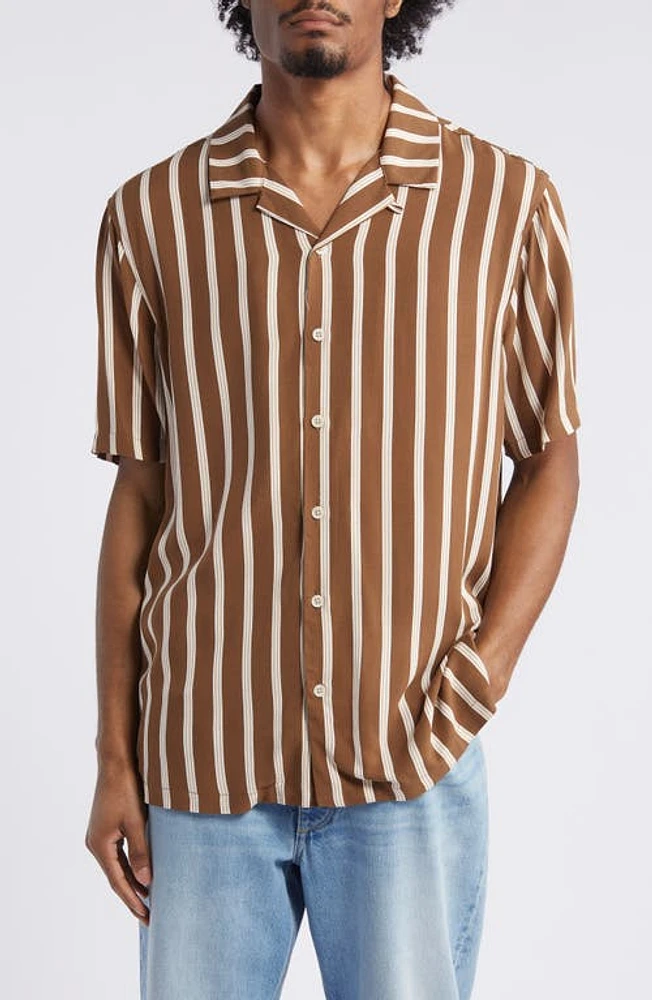 PacSun Terry Stripe Camp Shirt Brown/White at Nordstrom,