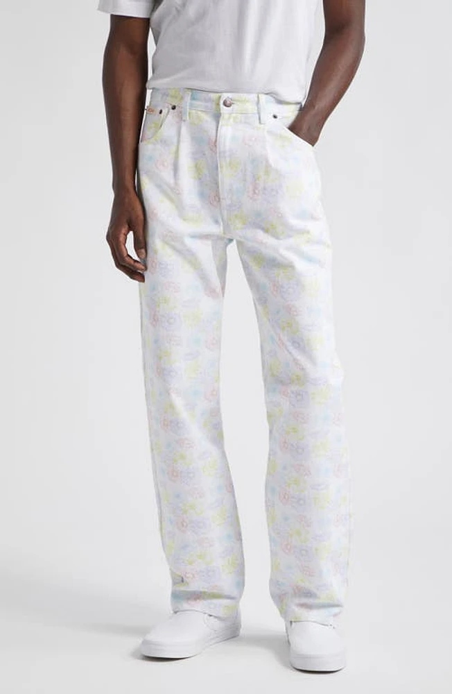 Noah Floral Print Pleated Straight Leg Jeans Pastel at Nordstrom,