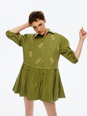 Nocturne Embroidered Balloon Sleeve Dress in Khaki at Nordstrom