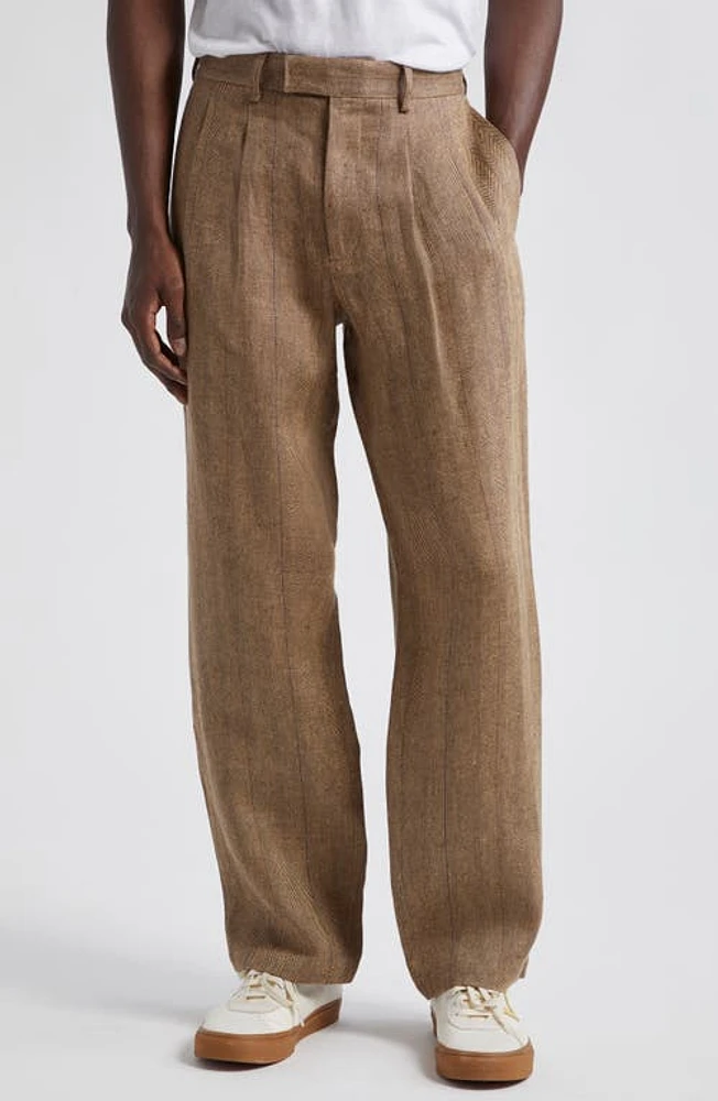 Noah Double Pleat Linen Herringbone Pants in Tan/Brown Herringbone at Nordstrom, Size 34