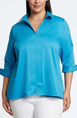 Foxcroft Agnes Three-Quarter Sleeve Cotton Blend Popover Top True Blue at Nordstrom,