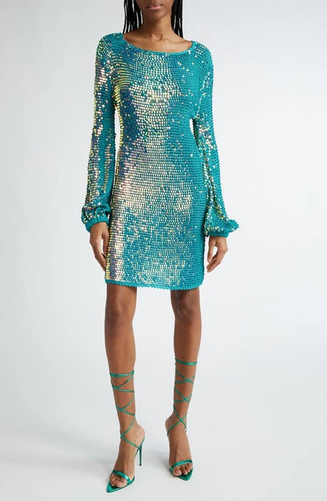 Retrofête Tara Sequin Long Sleeve Crochet Minidress Aquamarine at Nordstrom,