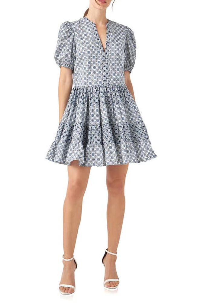 English Factory Tile Print Tiered Cotton Dress in White/Blue at Nordstrom, Size Small