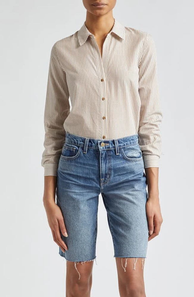 L'AGENCE Laurent Metallic Stripe Button-Up Shirt Dark Cappucino/Gold at Nordstrom,