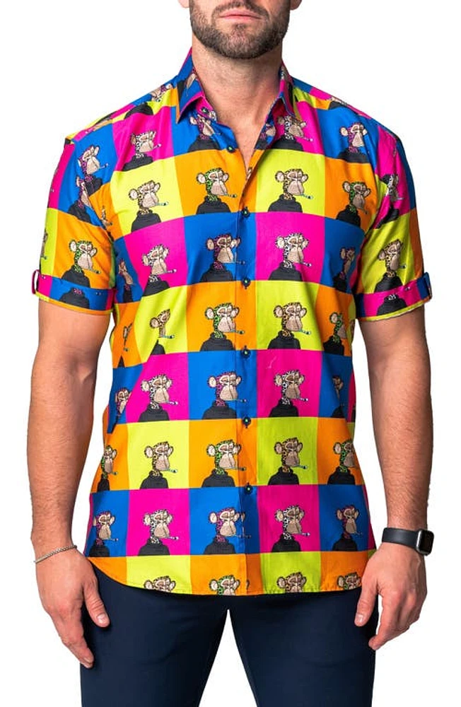 Maceoo Galileo Ape Print Short Sleeve Cotton Button-Up Shirt Yellow Multi at Nordstrom,