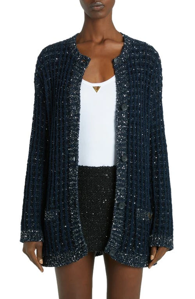 Valentino Garavani Sequin Metallic Tweed Cardigan in Nero/Navy at Nordstrom, Size Medium