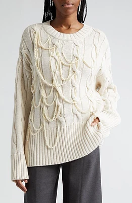 MONSE Imitation Pearl Detail Cable Merino Wool Sweater in Ivory at Nordstrom, Size Medium