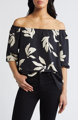 Loveappella Floral Print Off the Shoulder Top Black/Nat at Nordstrom,