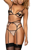 Mapale Strappy Bralette, Thong & Garter Belt Set in Nude/Black at Nordstrom, Size Medium