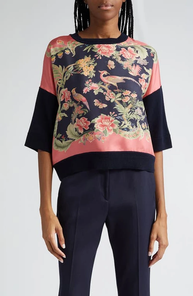 Etro Mixed Media Silk & Wool Sweater Coral/Navy at Nordstrom, Us