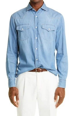 Brunello Cucinelli Snap-Up Denim Western Shirt in Cbt30-Blue at Nordstrom, Size Medium