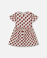 Deux Par Deux Girl's Organic Cotton Dress With Flounce Sleeves White Printed Pop Strawberry at Nordstrom, Size 10