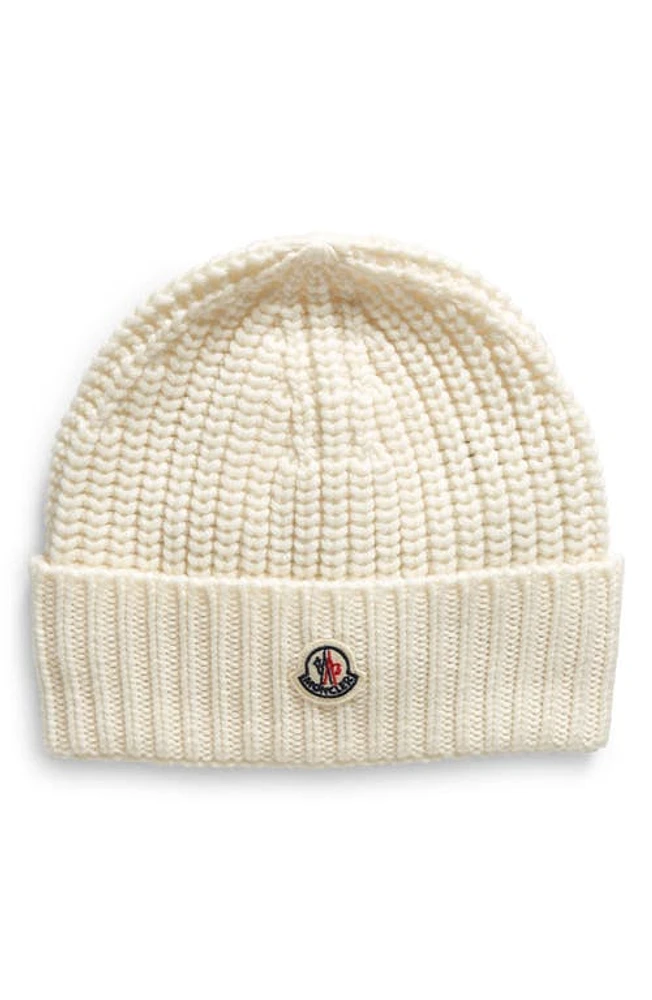 Moncler Logo Patch Virgin Wool Beanie in White at Nordstrom