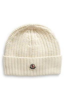 Moncler Logo Patch Virgin Wool Beanie in White at Nordstrom