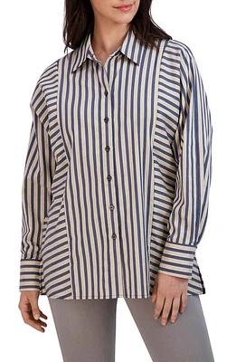 Foxcroft Jackie Stripe Button-Up Shirt Navy/Neutral at Nordstrom,