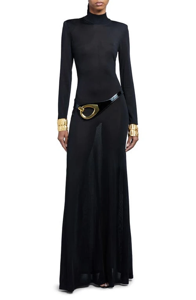 TOM FORD Semisheer Mock Neck Open Back Long Sleeve Maxi Dress Black at Nordstrom,