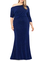 Betsy & Adam Glitter One-Shoulder Gown in Navy/Navy at Nordstrom, Size 20W