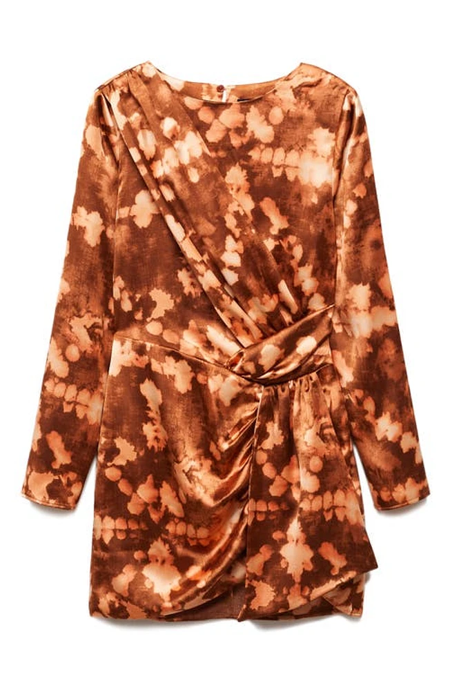 MANGO Tie Dye Long Sleeve Satin Faux Wrap Dress in Brown at Nordstrom, Size 6