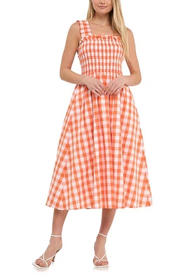 English Factory Check Print Smocked Midi Sundress Orange at Nordstrom,