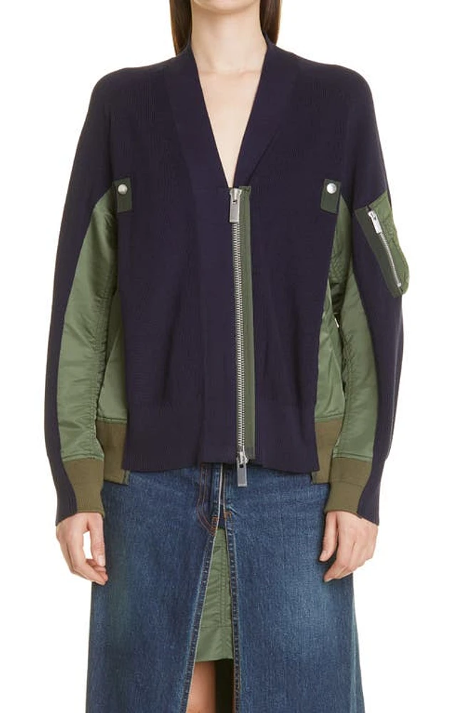 Sacai Hybrid Cotton & Nylon MA-1 Sweater Jacket Navy at Nordstrom,