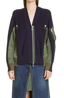 Sacai Hybrid Cotton & Nylon MA-1 Sweater Jacket Navy at Nordstrom,