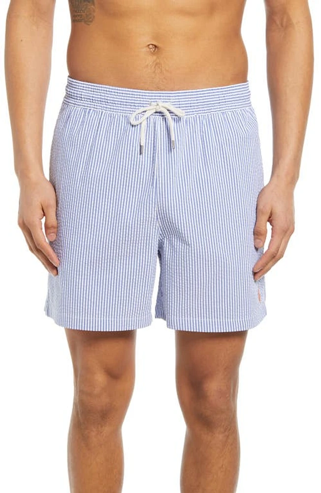 Polo Ralph Lauren Stripe Swim Trunks in Cruise Royal Seersucker at Nordstrom, Size Small