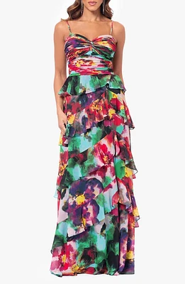 Xscape Evenings Tiered Ruffle Sleevless Gown Green/Multi at Nordstrom,